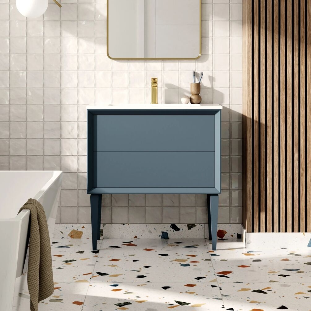 product lifestyle image of Apex Air Matt Blue Floorstanding Vanity Unit and Basin front angle ZERO108465